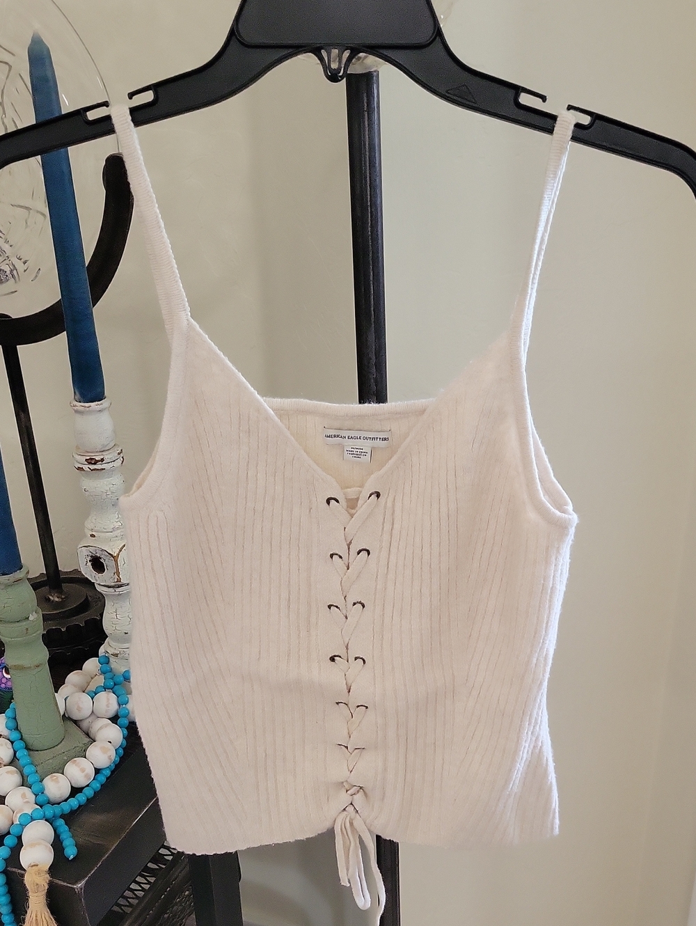 American Eagle Outfitters Cream Ribbed Lace-Up Cami